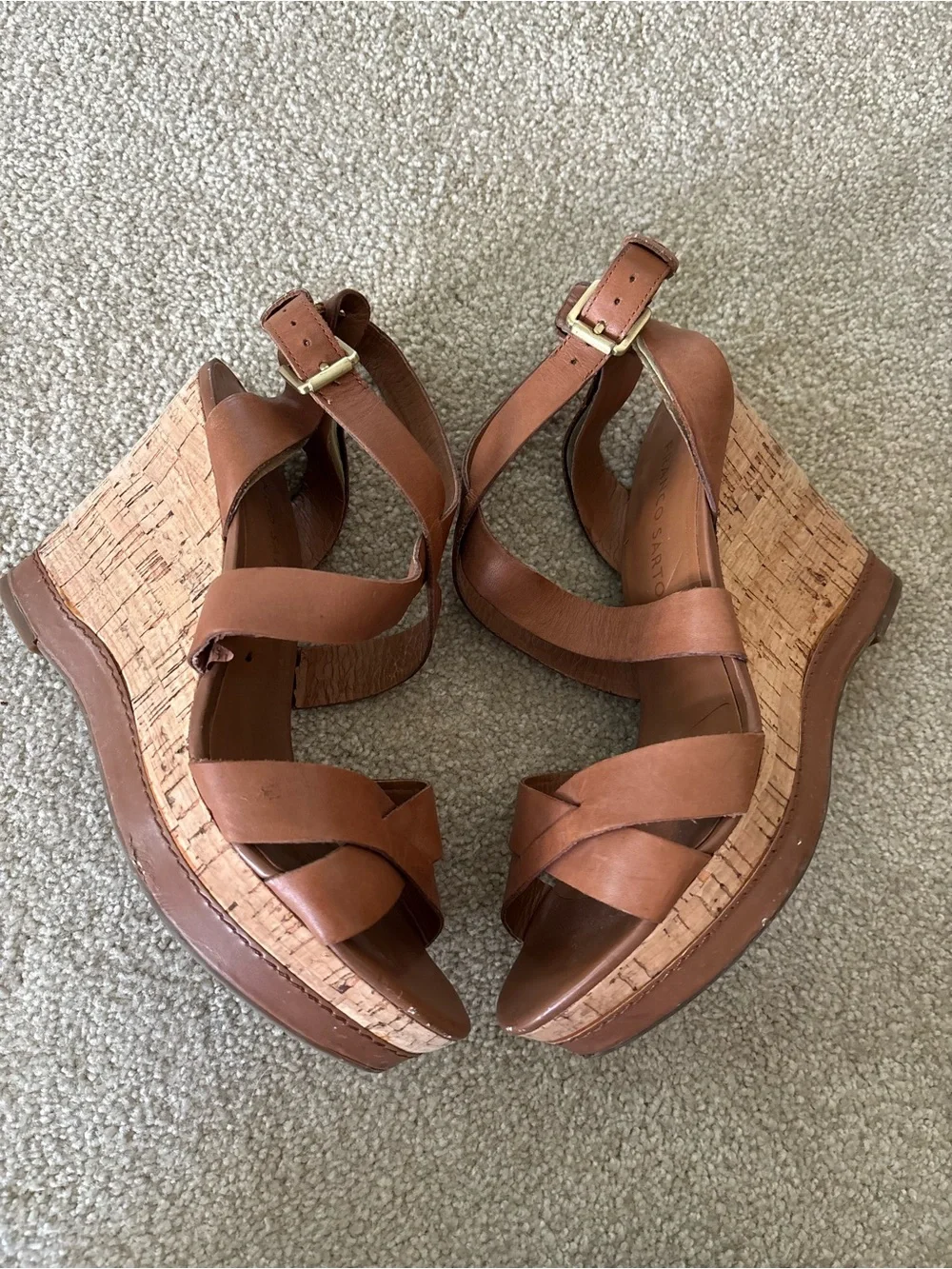Franco Sarto Cognac Brown Leather Crisscross Wedge Sandals